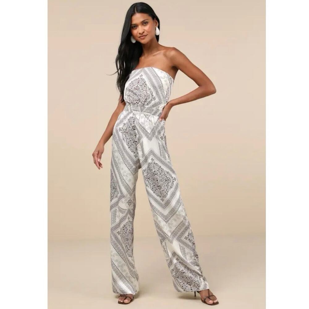Lulu’s Western Direction Ivory Scarf Print Satin Strapless Jumpsuit size L